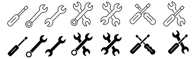 Wench icon set. Crossed wrench tool with ratchet vector icon set. Symbol and sign of mechanic job, technical, setup, setting, construction. Vector stock simple flat illustration.