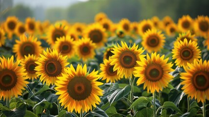 Fototapeta premium Sunflowers stretch across a vast agricultural landscape in the bright morning sunlight to serve as a high quality natural background for marketing visuals.