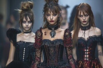 Fototapeta premium Striking image of female models presenting dramatic gothic designs on a fashion show runway