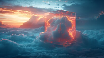 Surreal cloudscape with glowing cube - obrazy, fototapety, plakaty
