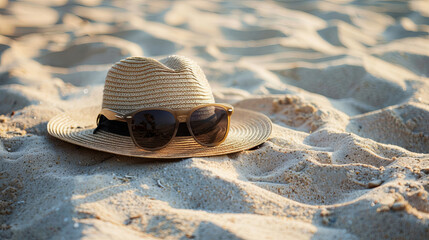 Sunglasses and a straw hat on the sandy beach, summer background