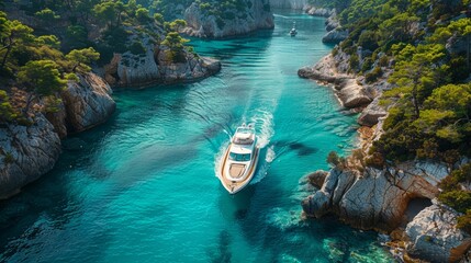 Luxury yacht cruising through idyllic rocky cove - obrazy, fototapety, plakaty