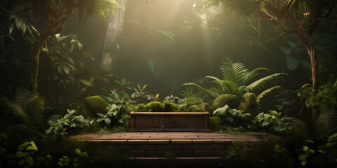 wooden podium against the background of the jungle - obrazy, fototapety, plakaty