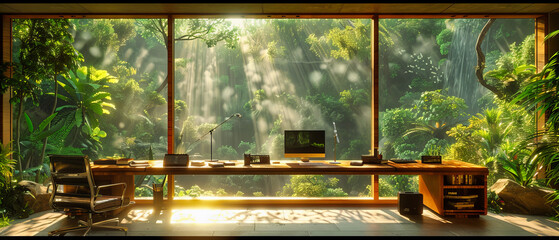 Cozy Home Office with Nature View, Bright and Warm Workspace Design, Modern Interior with Wooden Desk and Green Plant