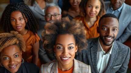 Top view high angle shot from above group portrait of businesspeople standing together, looking up at camera and smiling.