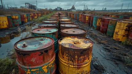 Rusty oil barrels in industrial wasteland - obrazy, fototapety, plakaty