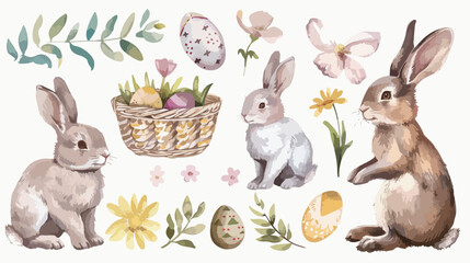Hand drawn watercolor happy easter set with rabbit bu