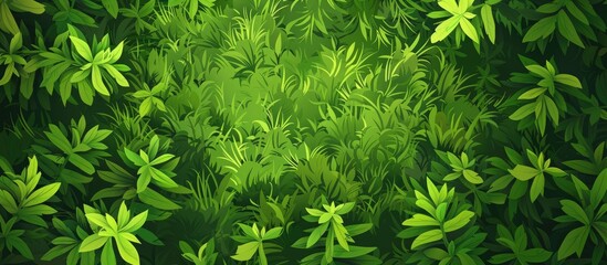 A variety of terrestrial plants such as shrubs, groundcovers, and grasses are displaying their beautiful evergreen leaves in the grassy area - obrazy, fototapety, plakaty