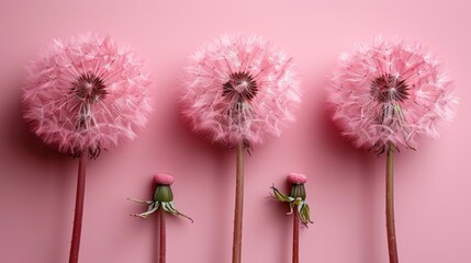 Pink dandelion trio against pastel background