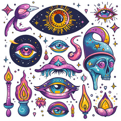 Esoteric cartoon elements, spiritual mystic astrology black magic spell oracle eye doodle abstract sticker set vector illustration