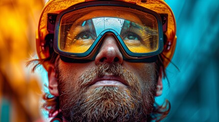Intense gaze of a bearded man with goggles - obrazy, fototapety, plakaty