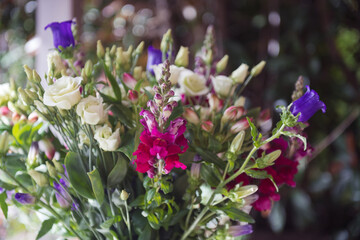 Flowers, bouquet, composition of beautiful fresh flowers with white, purple, pink, red and rose