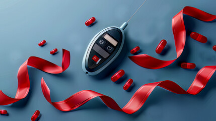 world diabetes awareness day. Diabetes  mellitus awareness banner with ribbons and diabetes level checking portable machine and red pills blue background, test, campaign,  - obrazy, fototapety, plakaty