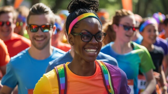 Close-up: A diverse group of runners wearing colorful charity shirts