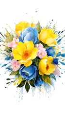 Abstract bouquet from painted blue and yellow flowers