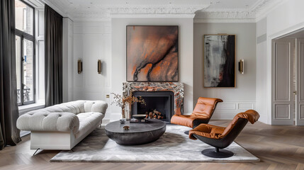 Luxurious Scandinavian Living Room with Marble Fireplace, Tufted Sofa, Leather Armchairs, and Abstract Art
 - obrazy, fototapety, plakaty