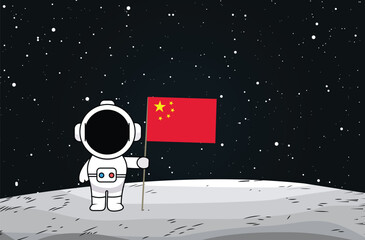 China astronaut landed on moon and hold flag of China in his hand. Vector illustration.

