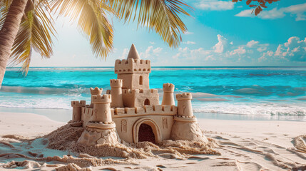 A sand castle on the seashore. - obrazy, fototapety, plakaty