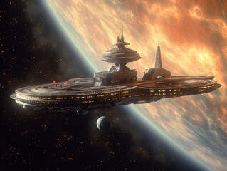 A large space ship is flying in front of a planet. The ship is surrounded by a lot of stars and the planet is in the background. Scene is one of adventure and exploration