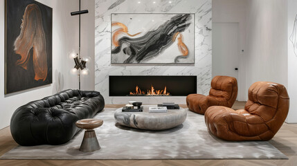 Luxurious Scandinavian Living Room with Marble Fireplace, Tufted Sofa, Leather Armchairs, and Abstract Painting
