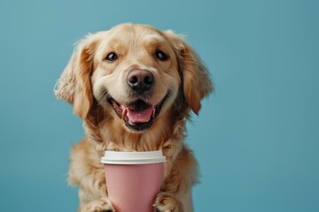 Cute golden retriever dog with cup of coffee on blue background