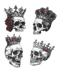 Skulls royal crown or monarch cap, dead king queen skull with roses vintage trash polka tattoo style kingdom sketch vector illustration - 779625333