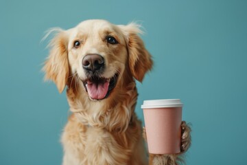 Cute golden retriever dog with cup of coffee on blue background