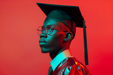 Portrait of a young African American man wearing glasses with a graduation cap on a red background, neon light.
