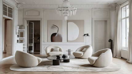 Luxurious Scandinavian living space with plush armchairs, a statement chandelier, wool rug, and minimalist art.
