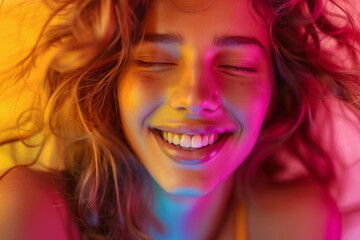 Portrait of a happy beautiful young woman. illuminated by neon lights.