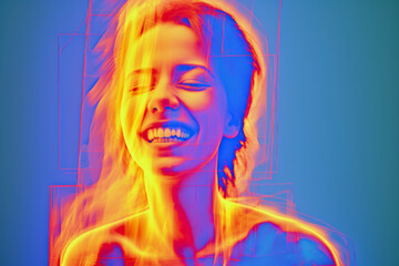 Fashion art portrait of a beautiful young woman in neon light. Concept of mental health. 
