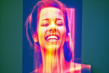 Fashion art portrait of a beautiful young woman in neon light. Concept of mental health. .
