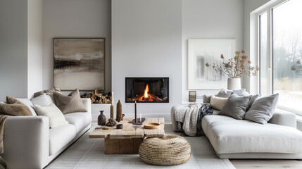 Luxurious Scandinavian Living Room with Cozy Fireplace, Plush White Sofa, Soft Wool Rug, and Modern Artwork
