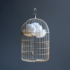 Cloud in a birdcage on a gray background. Concept of freedom.