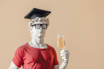 Classical graduation cap on the head of a man with a glass of champagne