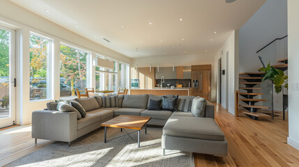 Lavish Scandinavian Living Room with Spacious Open Floor Plan, Natural Light, Light Wood Accents, and Minimalist Decor
