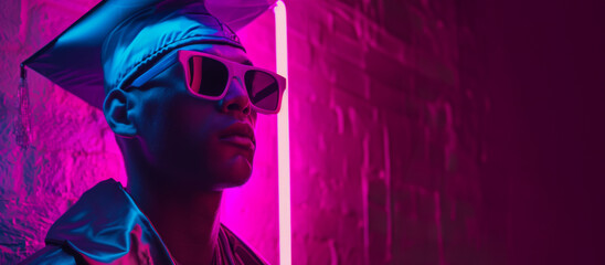 Side view of an African American man wearing a graduation cap and glasses, illuminated by neon lights.