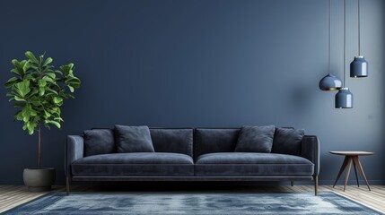 Fototapeta na wymiar Contemporary Living Room with Dark Wallpaper and Modern Furniture