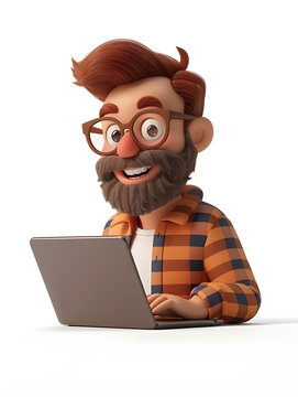 3D cartoon bearded hipster man working with laptop isolated on white background