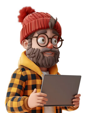 3D cartoon bearded hipster man working with laptop isolated on white background