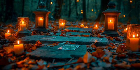 Witchcraft Ritual altar with Candles, Tarot cards and Crystal Balls in forest. Divination and Magic Rituals of Walpurgis Night, Halloween or Equinox. - obrazy, fototapety, plakaty