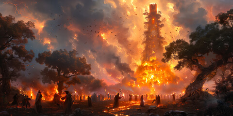 Apocalyptic Fantasy Landscape with Fiery Tower. Divination and Magic Rituals of Walpurgis Night