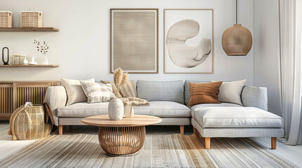 Elegant Scandinavian Living Room with Statement Chandelier, Light Wood Flooring, and Minimalist Decor
