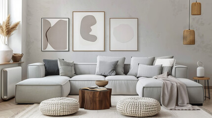 Elegant Scandinavian Living Room with Statement Chandelier, Light Wood Flooring, and Minimalist Decor
