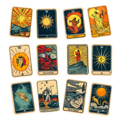 Tarot cards cartoon design, astrology occult magic mystery sun symbol spiritual witchcraft card set vector illustration
