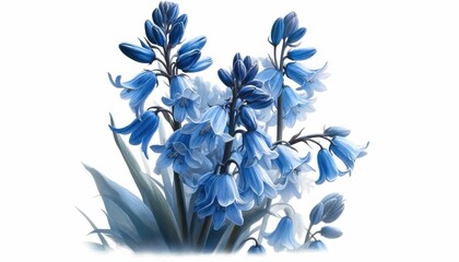 Artistic rendering of bluebell flowers with a soft, ethereal quality, highlighted against a white background. - obrazy, fototapety, plakaty