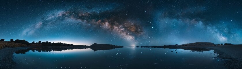 Milky Way arching over a serene lake, reflection in water, starry night, no people, wide angle , low texture