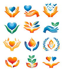 Volunteering logo set, volunteer hands holding heart or leaf, people care human help charity assistance eco nature protection donation concept vector illustration