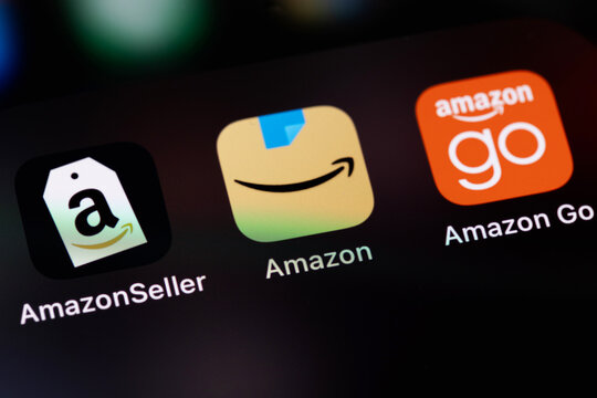 Amazon Seller, Amazon Go icon mobile app on a screen smartphone iPhone closeup. Amazon is world's largest online retailer. Batumi, Georgia - December 22, 2023
