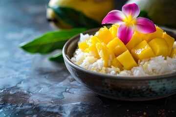 Mango and sticky rice with butterflypea flower on dark background